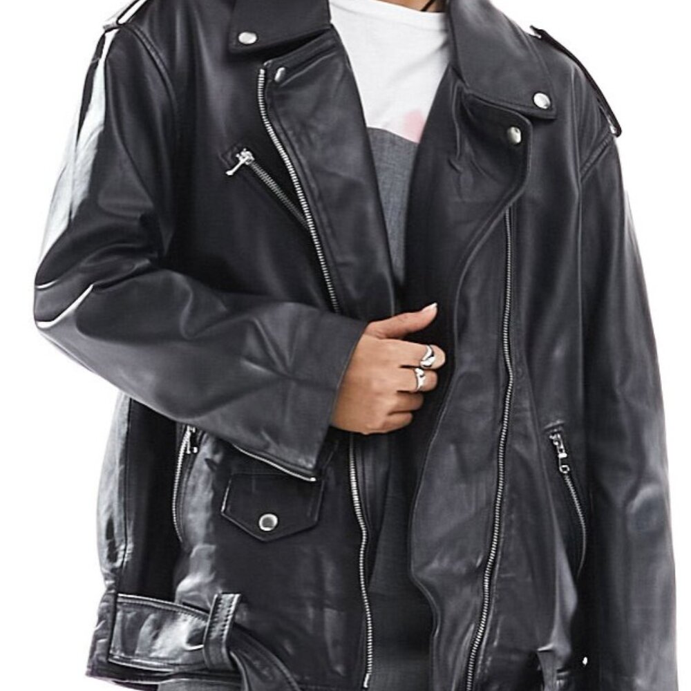 Vintage Black Patchwork Genuine Leather Motorcycle Jacket Size Large